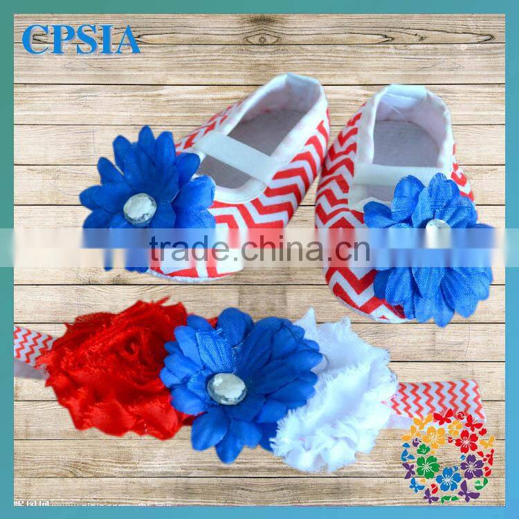 Baby 4th of July Shoes and headband set Red Chevron crib shoes white red blue flower headband baby shoes
