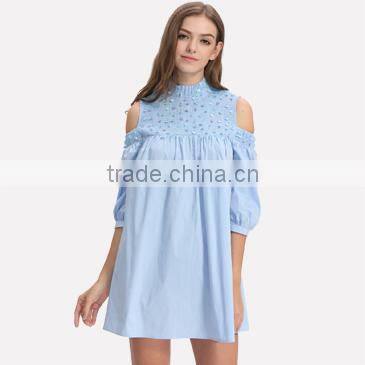 Off shoulder design woman summer fashion striped blue short falbala dress