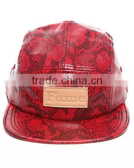 Red fashion snakeskin custom flat brim 5 panel leather hat
