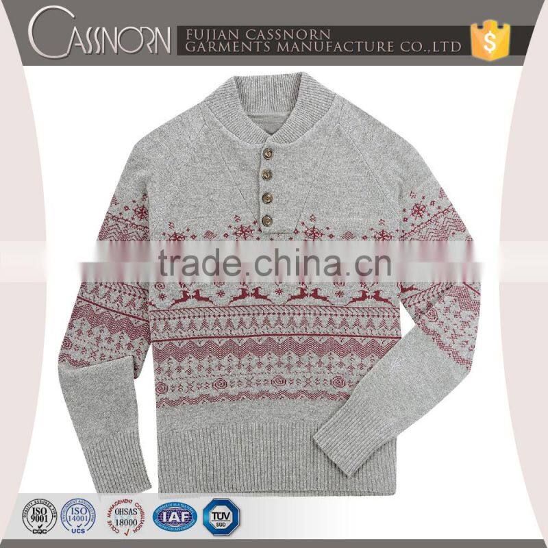 OEM sweater supplier lambswool blend 4 button mock neck mens jacquard sweater