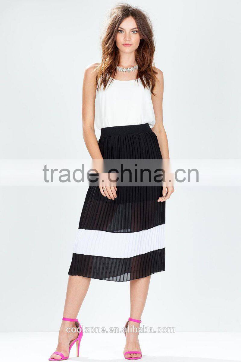 Fashion pleated colorblock midi skirt/wide simple design skirts 2015