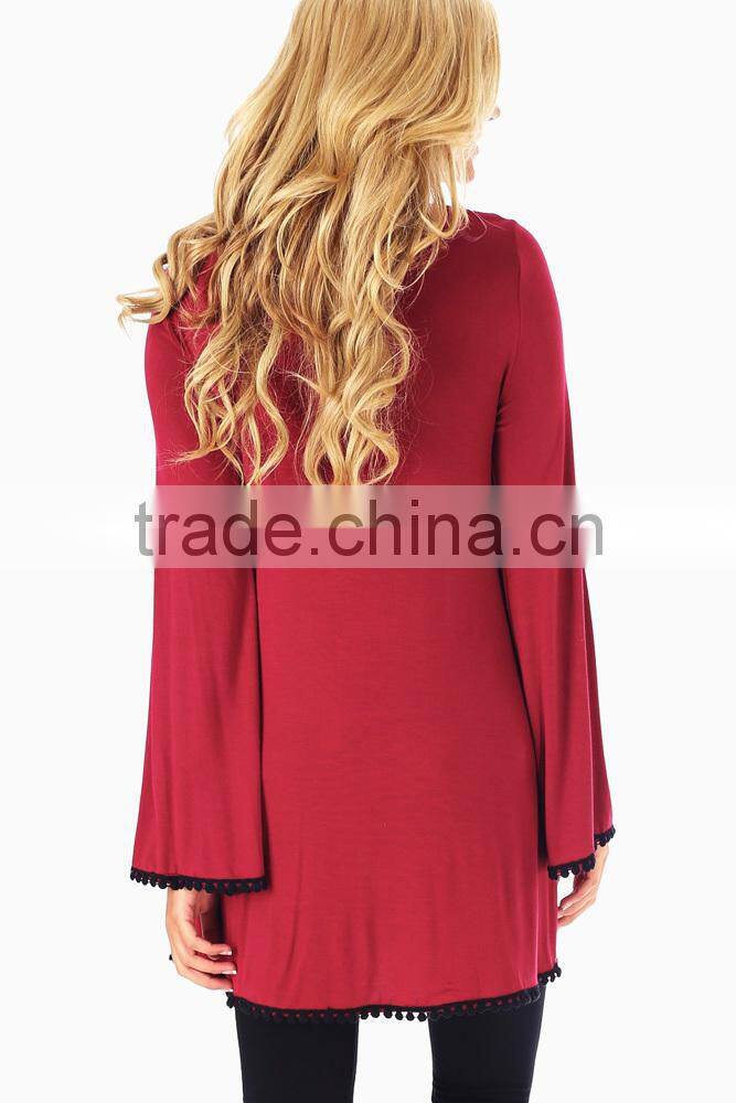 BLUE TAUPE TRIBAL PRINT FRINGE HEM OPEN MATERNITY CARDIGAN