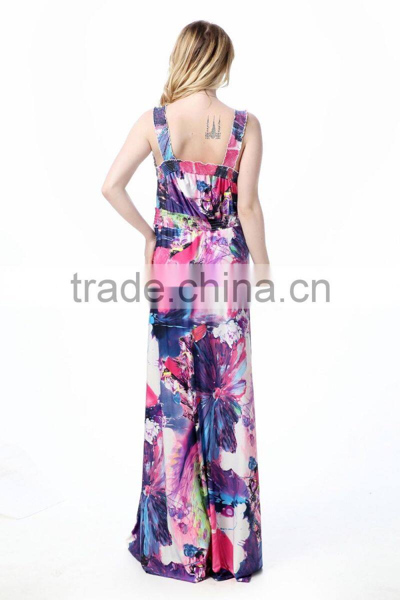 Plus size ladies long beach dress newest fashion sleeveless flowery jumpsuit dress for wholesale