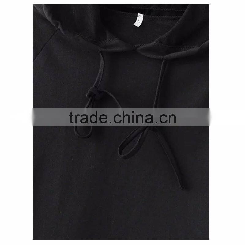 Regular Fit Black Flare Sleeve Cropped Drawstring Hoodie for Women