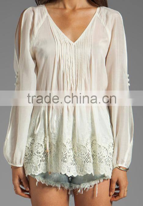 pleated front and back neckline lace trimmed hem top