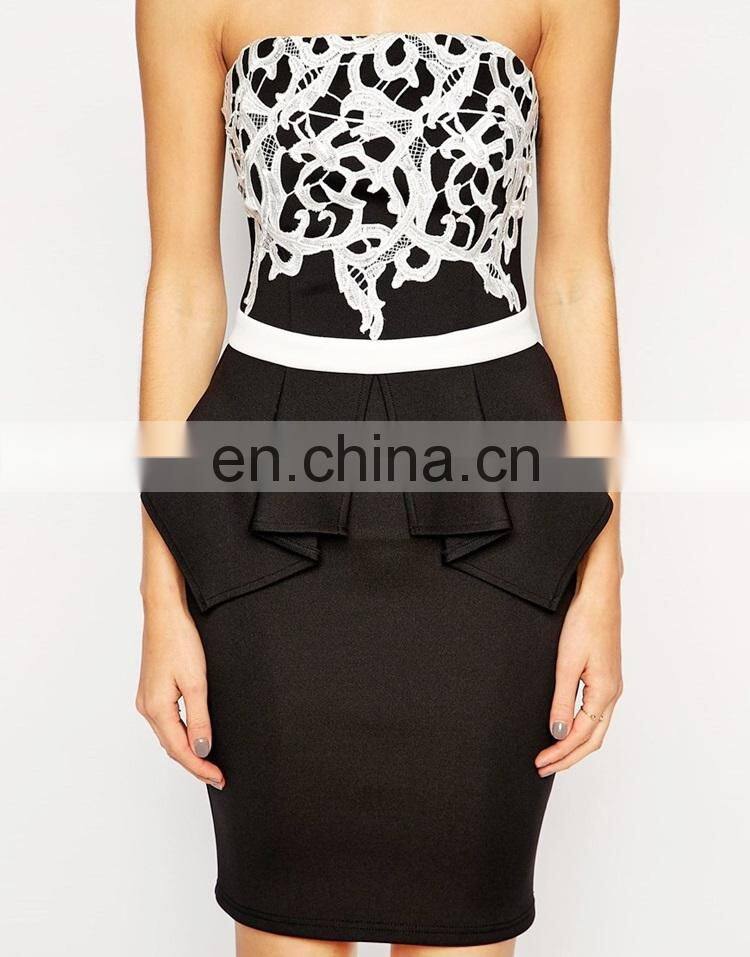 new fashion ladies sexy mini lace top bandeau tight black peplum dress