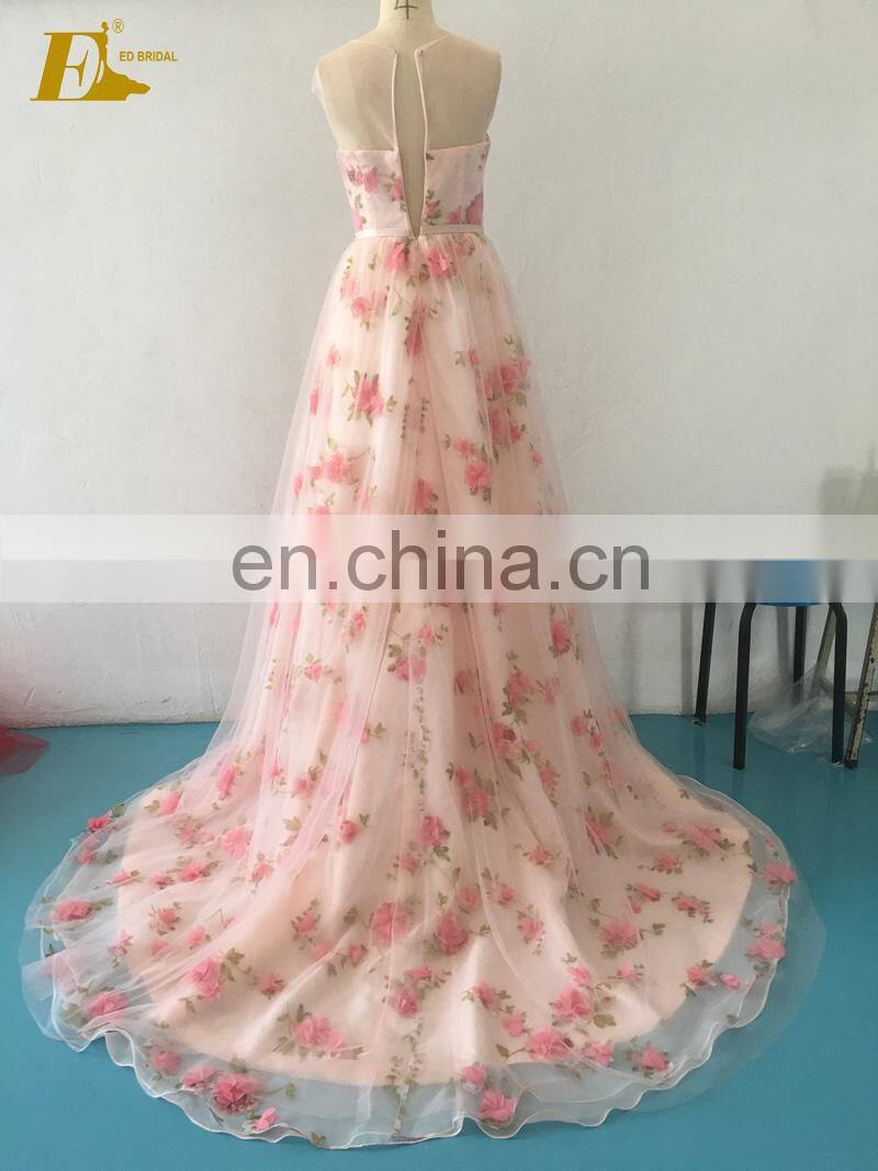 Floral Printed Fabric Honey Pink Sleeveless Tulle Dress Long Evening Gown 2017