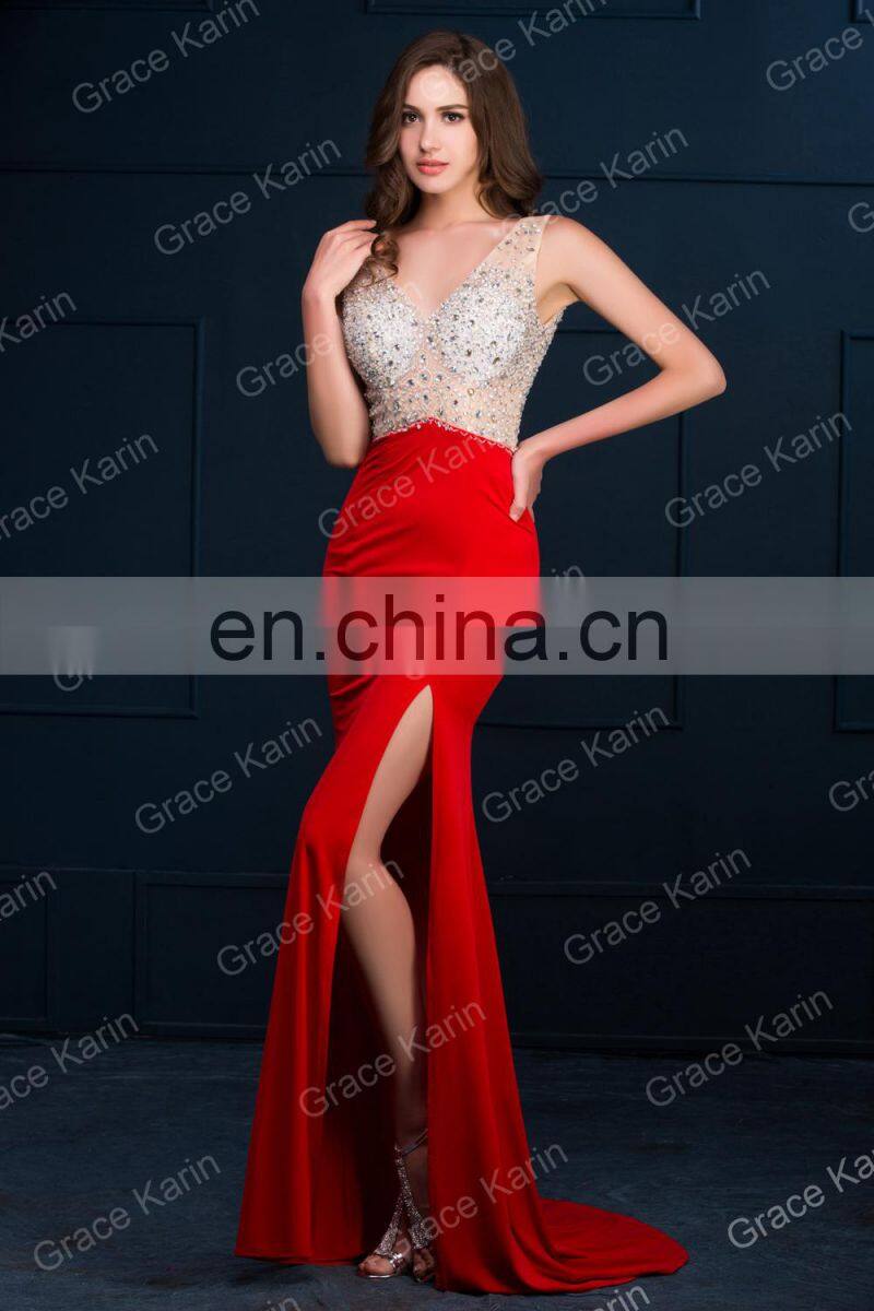Grace Karin Women Sexy Backless V-Neck High-Split Shining Rhinestone Sequins Red Long Prom Dresses CL008914-1