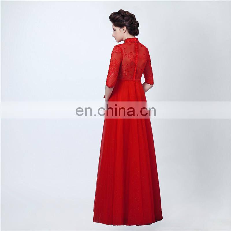 Fashion A line Bow High Neck Floor Length Tulle Zipper Beaded Formal 1/2 Long Sleeve Party Evening Dresses