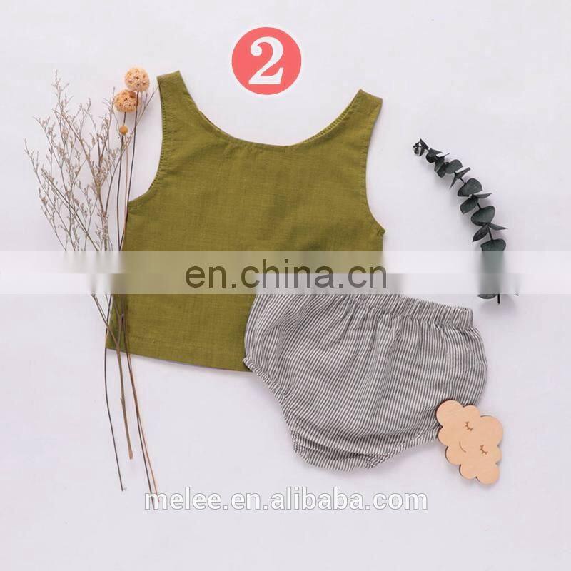 RTS Australia Hot Sale Baby Infant linen 2pcs Set Buttons Vest Tops Solid Bloomers Korean Girls Linen Outfits