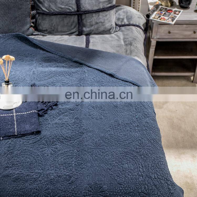 Oversized Microfiber Lightweight blue color Embossed Wavelet Pattern quilt set /bedding sheet sets