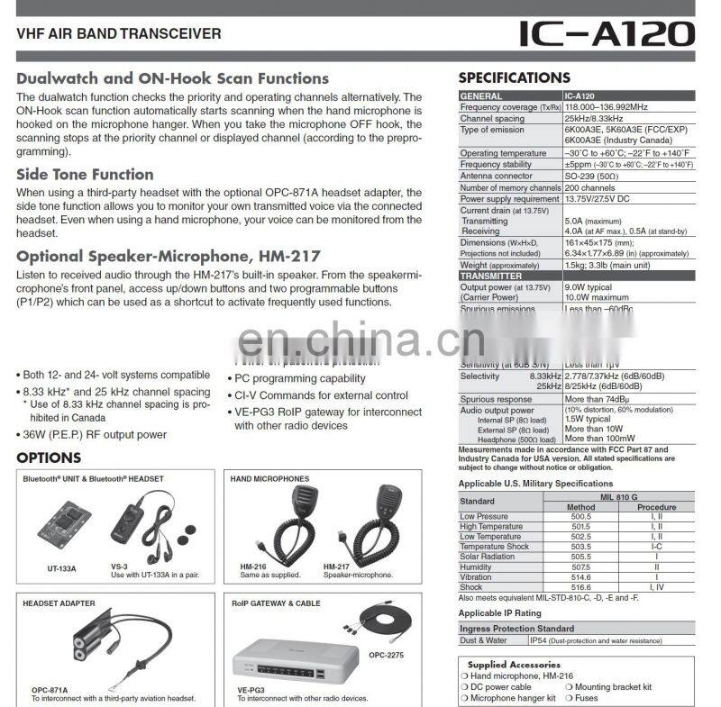 Top Performance Mobile Airband Radio with Active Noise Cancelling IP54 ICOM IC-A120 VHF AIR BAND TRANSCEIVER
