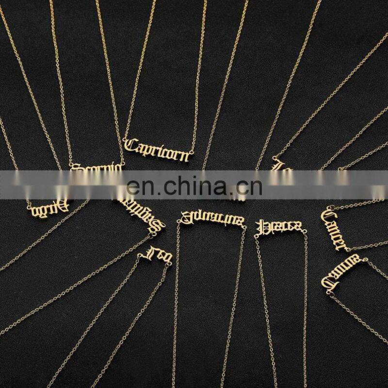 Vintage Gold Silver Stainless Steel 12 Zodiac Sign English Letter Necklace For Women Birthday Jewelry Gift