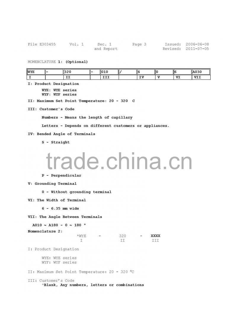 Salamander capillary thermostat with UL certificate WYE series
