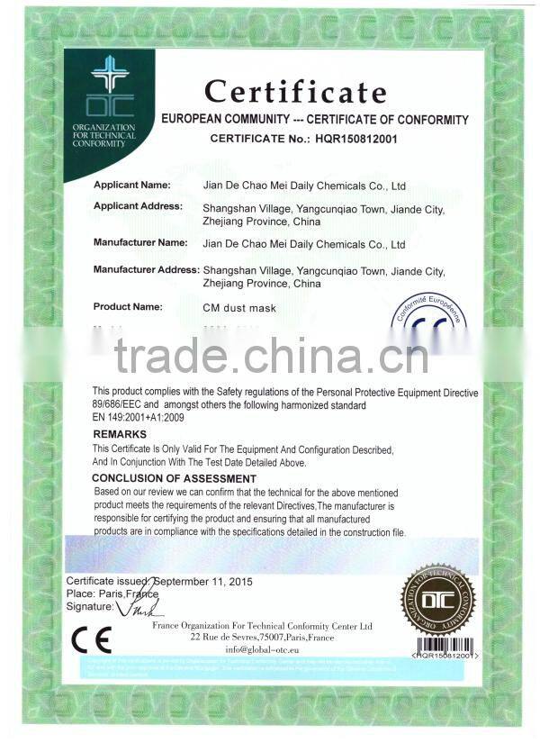 CM Factory Supplier Cone Shape Disposable NIOSH N95 Face Respirator Mask