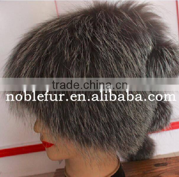 popular plain solid color silver fox fur winter hat with long tail ball