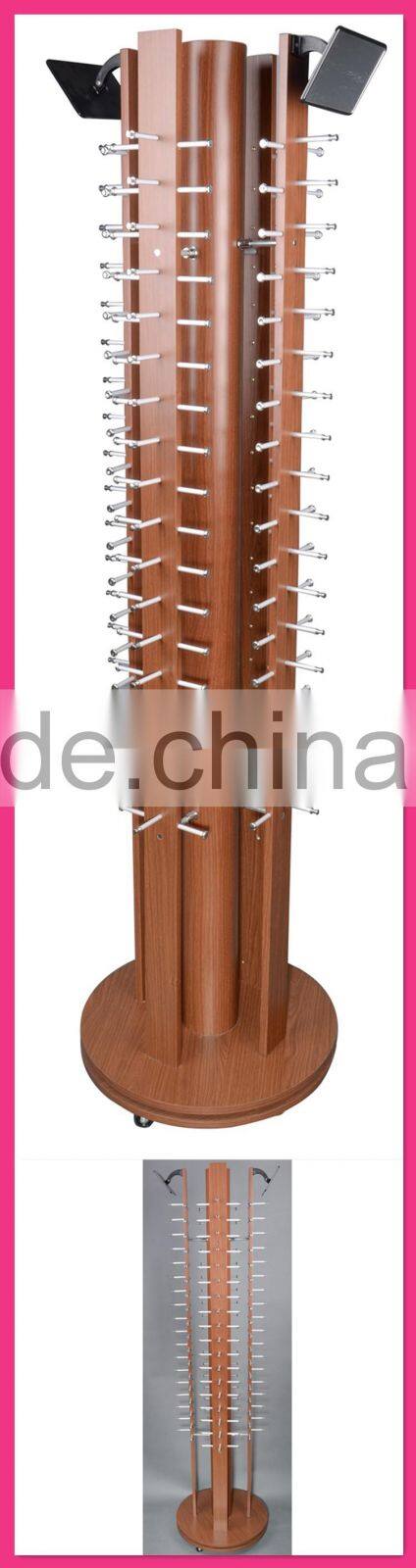 China Factory Price Rotating Wooden Sunglass Display Stand With Wheels And Mirror