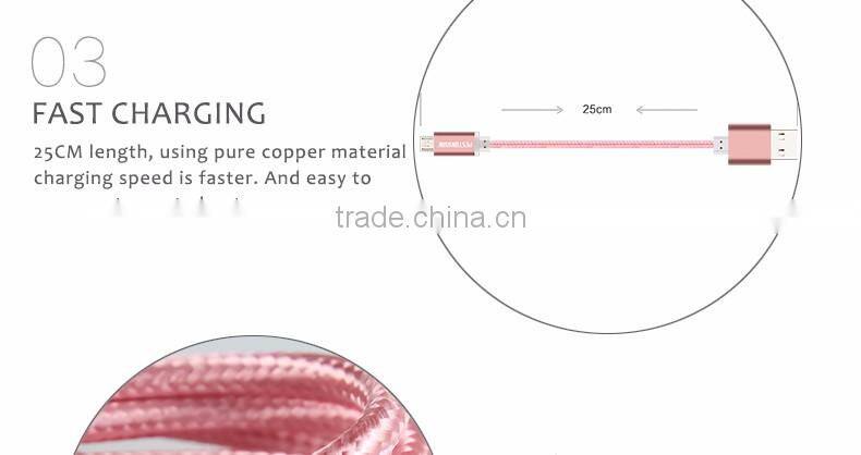 25CM Mini Nylon Metal Micro USB Cable Colorful Mobile Phone Cable for iPhone/Android/Type C