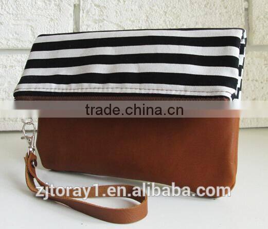 China Manufacture Foldover Canvas and Leather Striped Fashion Clutch Bag