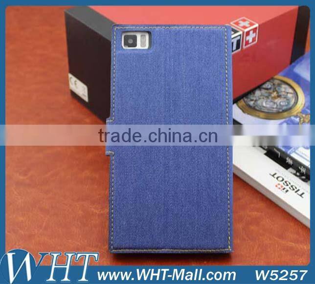 for XiaoMi Mi3 Wallet Stand Cover Folio Jeans Leather Case with Built-in Card Slot Factory Price