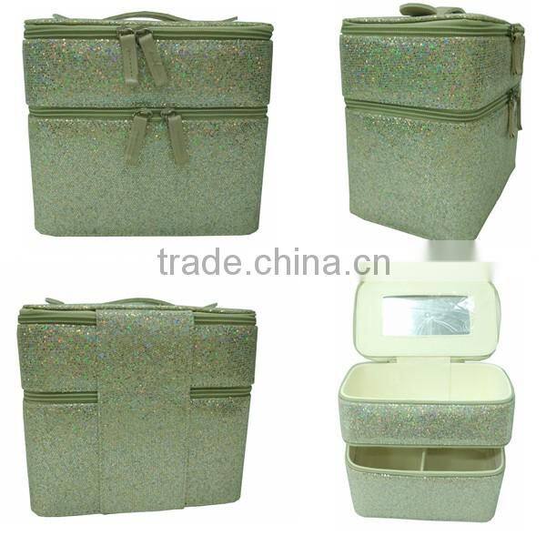Yiwu bling double layers mirror solid sequin women luxury cosmetic bag