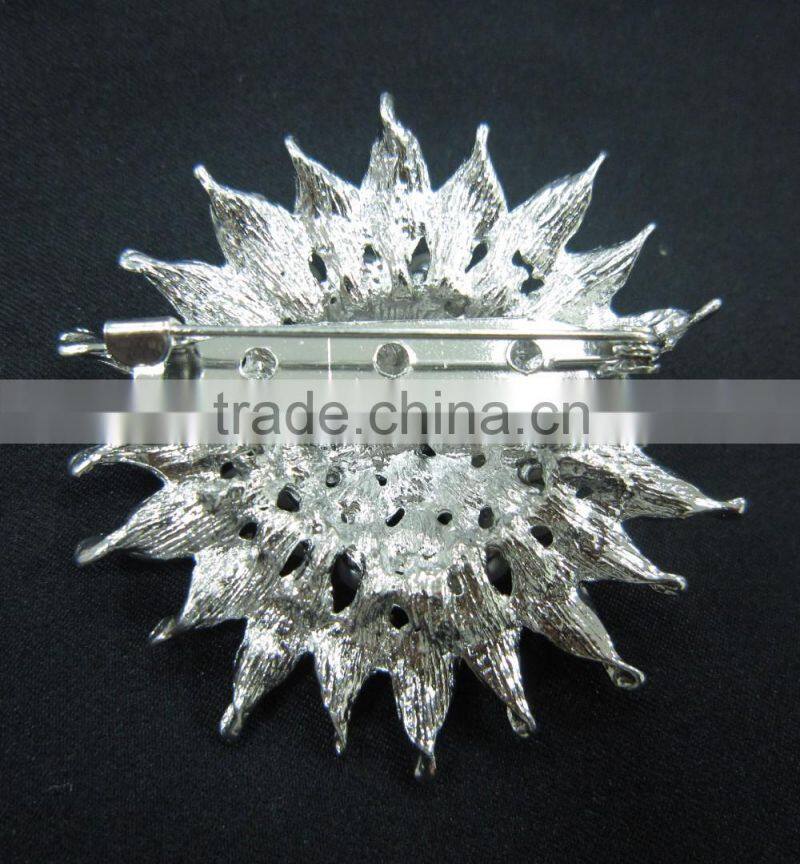 6MM Pearl Silver Metal Rhodium Sun Flower Pin Rhinestone Brooches