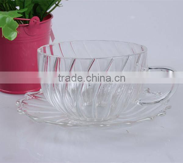 wholesale high borosilicate glass drinking cup with saucer and handle in stripe glass for tea or coffee