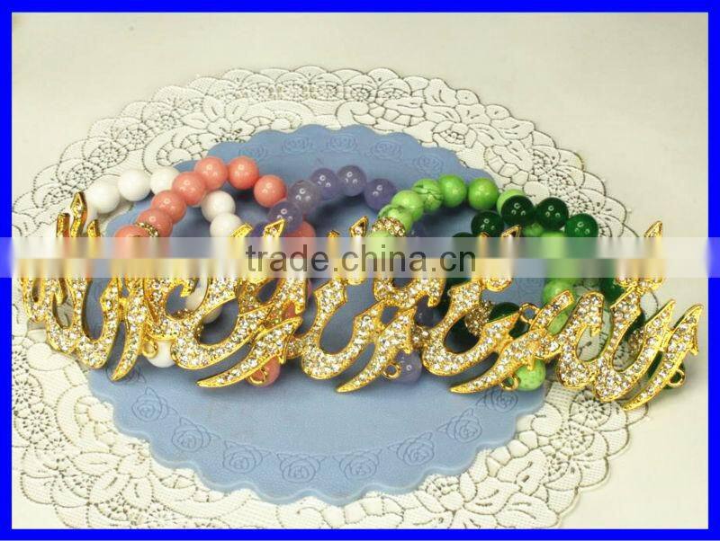 KJL-BR821 Best pink beads bracelet rhinestone pave sideway gold Allah Bracelets