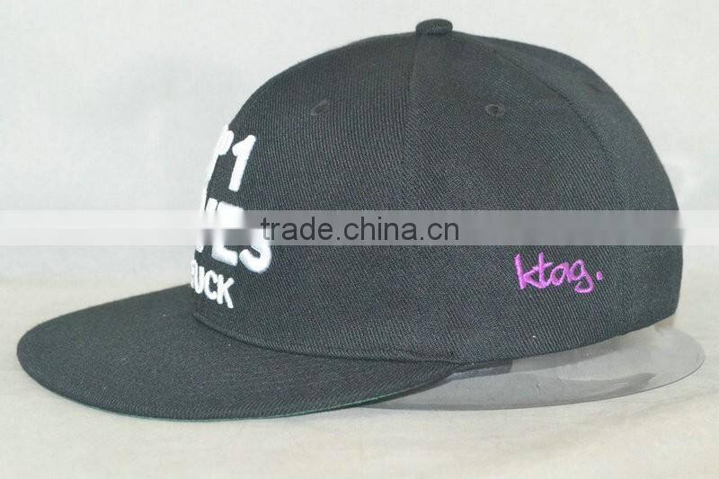 Professional custom 6 panel Flat brim hat black 100% acrylic, front logo embroidery, 58 cm size