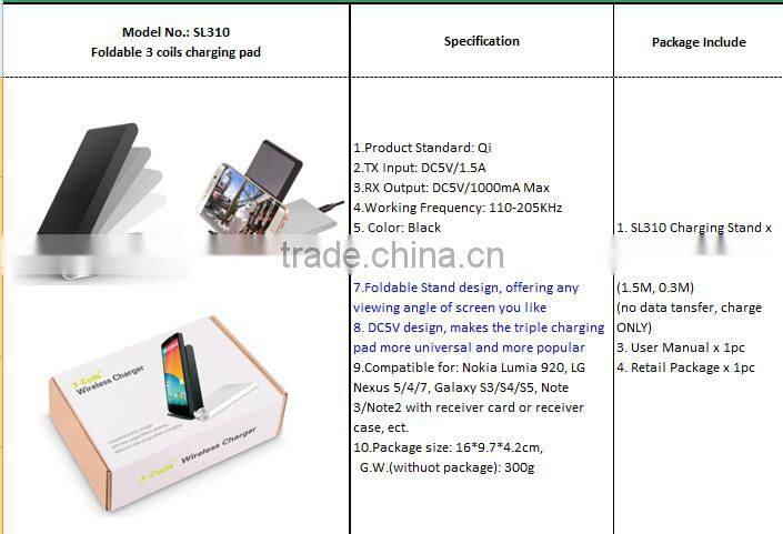 For wireless charger with 3 coils charging transmitter foldable charging stand for most smartphone