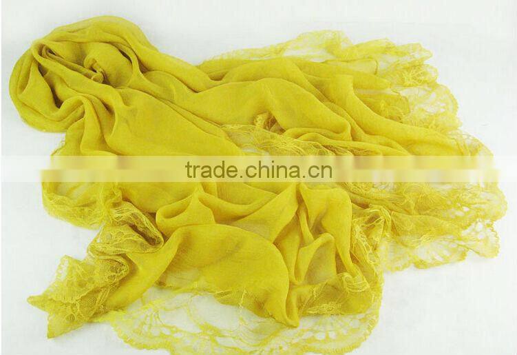 2014 Newest Style Solid Color Silk Chiffon Scarves Lady Girls Lace Edging Scarf Shawl Black Wholesale