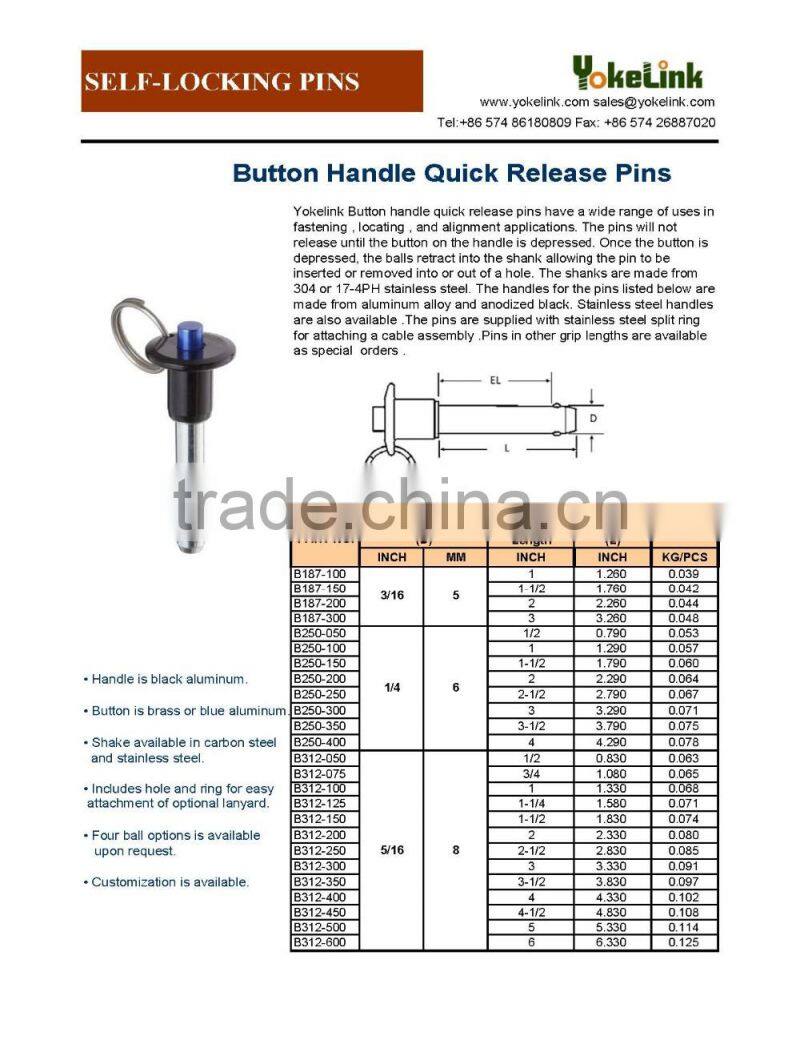High strength Aluminum handle button handle lock pin with stainless lanyard
