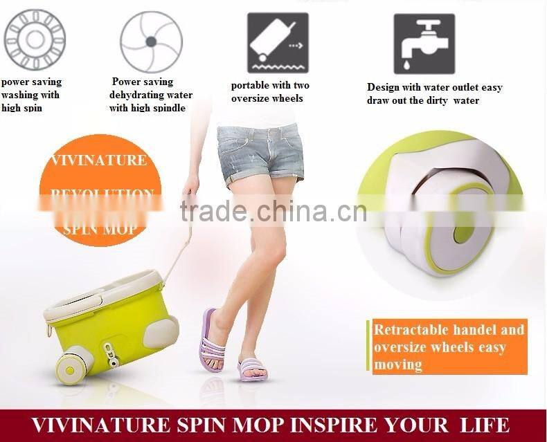Vivinature retractable pole rolling spin mop two wheels 360 magic two mop heads with power saving system