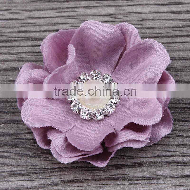 fabric flower with pearl rhinestone center for kids hair accessories