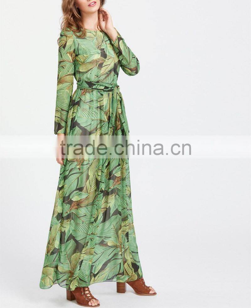 clothing/women dresses/Palm Leaf Print Self Tie Maxi Chiffon Dress