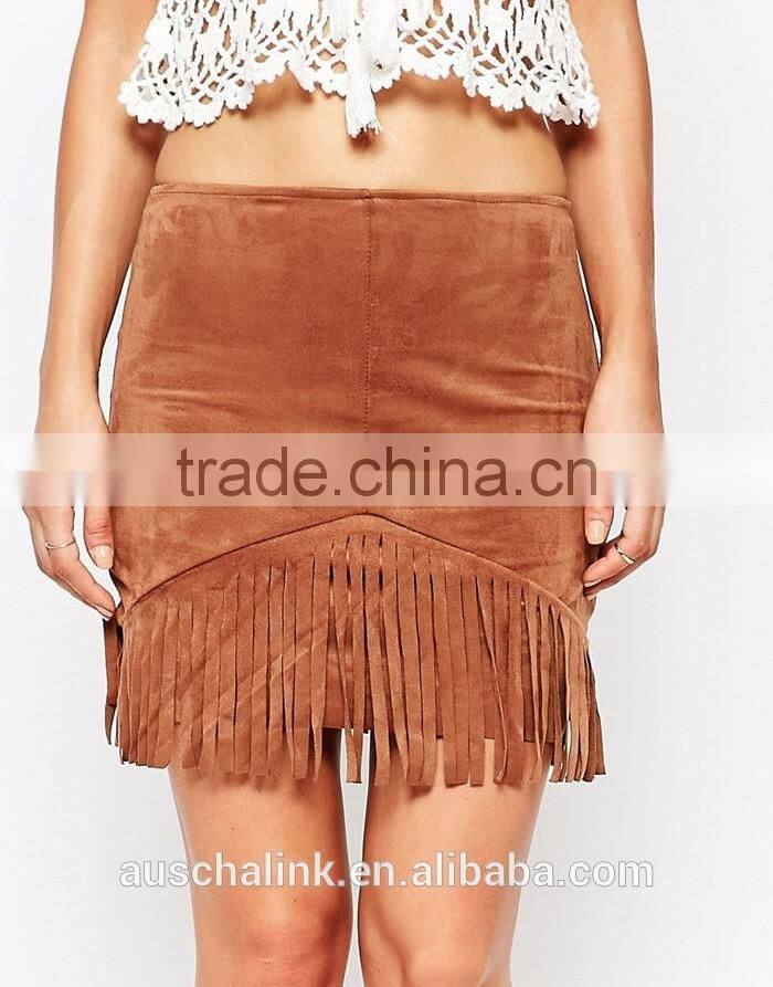 high rise nice design women slim fit fringe brown suede skirt