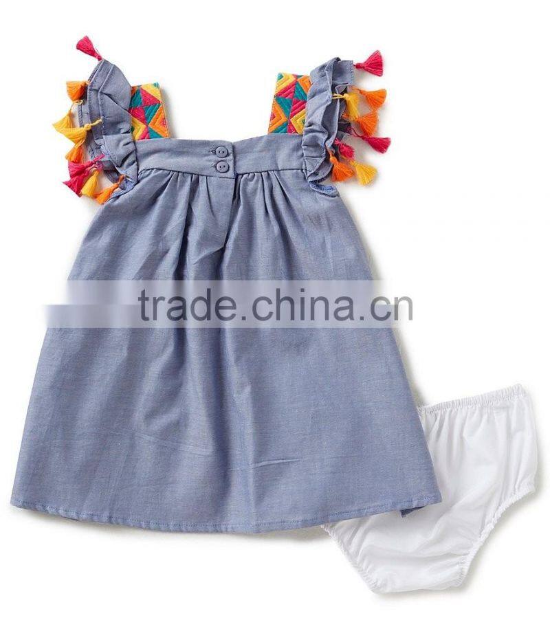 Wholesale boutique swing sleeve fancy tassels baby clothes cotton baby romper clothes set