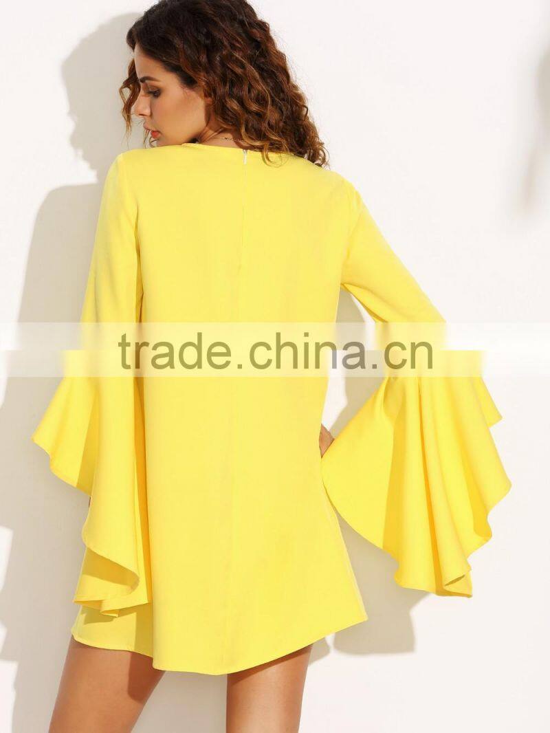 Yellow Crew Neck Ruffle Sleeve Shift Dress 100% Polyester Long Sleeve Casual Short Dress