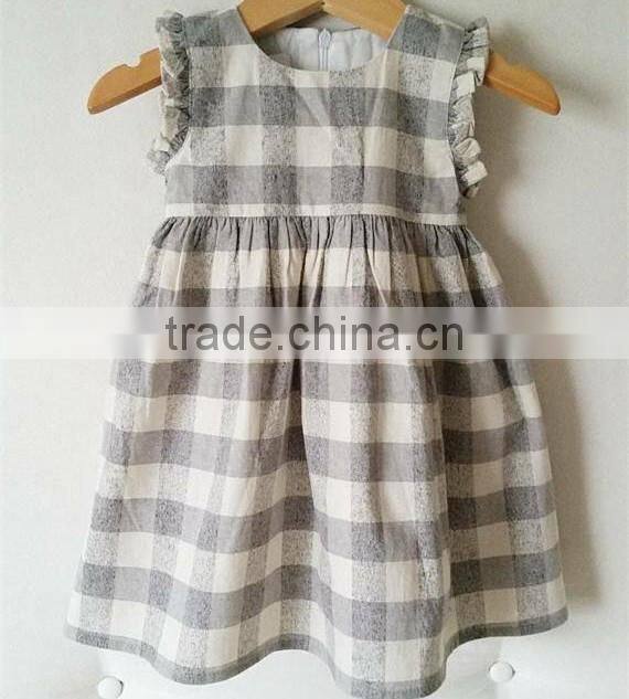 Grey/Cream Check Linen Dress Light Weight Linen Blend Summer Kids Party Dresses