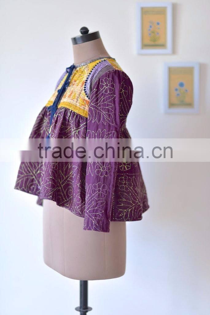 Vintage Kantha Kediyu Style Jacket in Beautiful Vintage Colors ~ Small