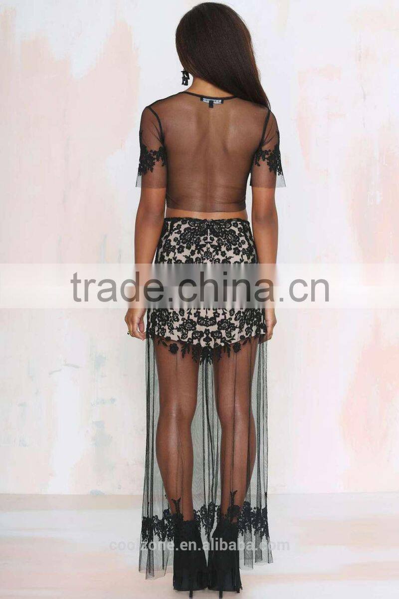 Slim front lace see through floral print latest long skirt design