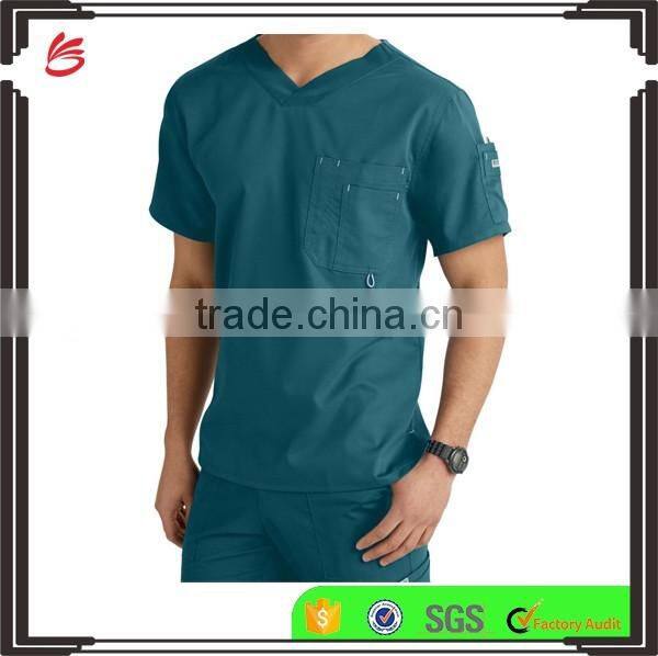 High Quality Solid Colored Men Denim Scrubs Top for Hospital Wearing