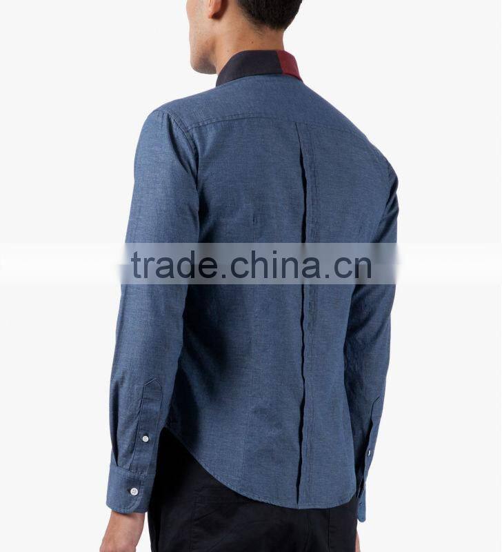 Long sleeve chambray button-down casual shirt with two-tone split contrast collar