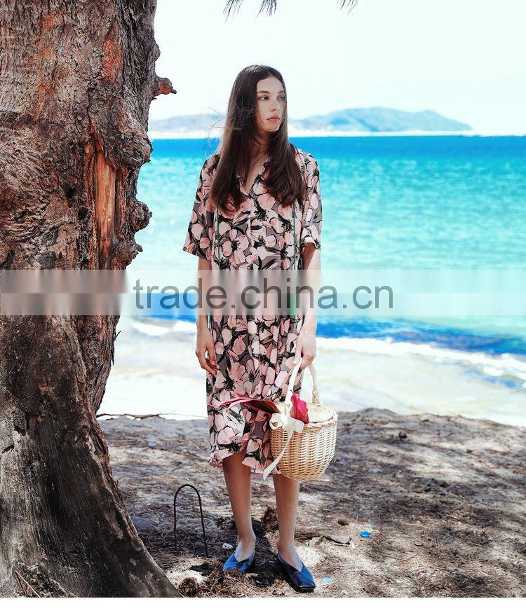 2017 new arrived county style design printing casual loose dress thin dresses middle sleeve beach woman dresses