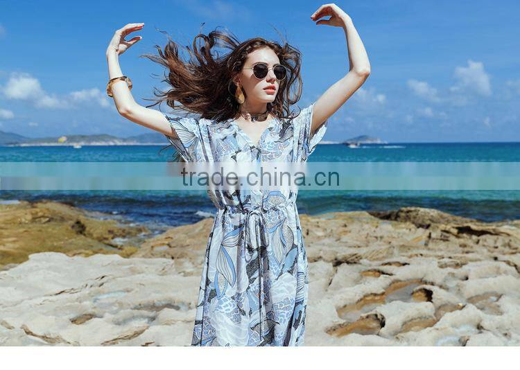 Summer new design casual dresses beach wind style printing high-waist elegant thin ladies long Chiffon Dress