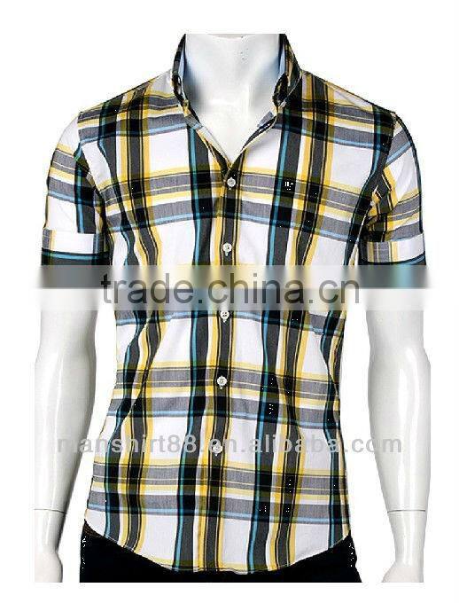 men slim fit basic short sleeve plaid casual shirt