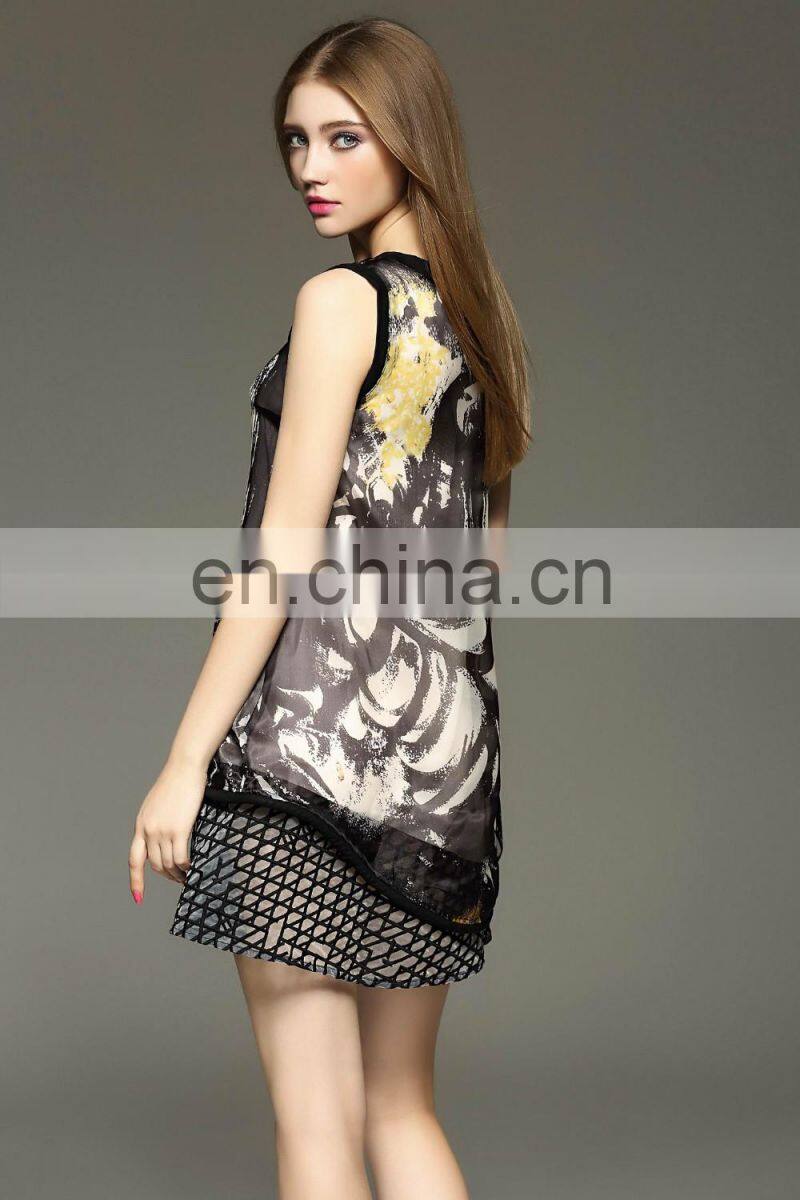 High quality sleeveless print organza dress 2016 mesh panel dress