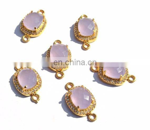 ALE CZ Pave Pink Chalcedony Cushion Shape Connector Size 11x11mm Gold Plated Pink Chalcedony Cushion Double Loop Pendant, Charm