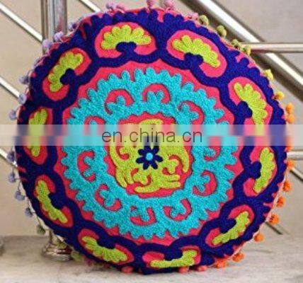 Multi Pom Pom Round 16x16 Suzani Outdoor Cushions Cover, Bohemian Decorative Boho Maxican Stylish Round Cushion Covers