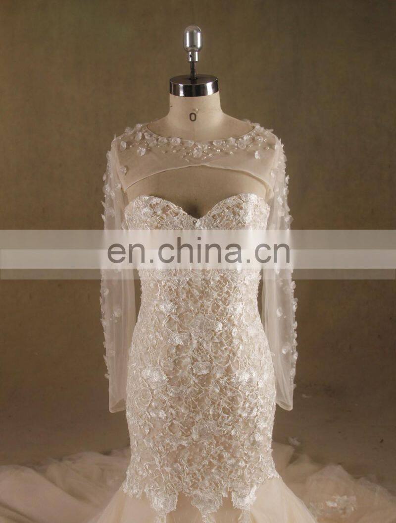 Fairy Heart Neck Mermaid Lace Handmade Flowers Wedding Dress Bottom Tulle With Jacket